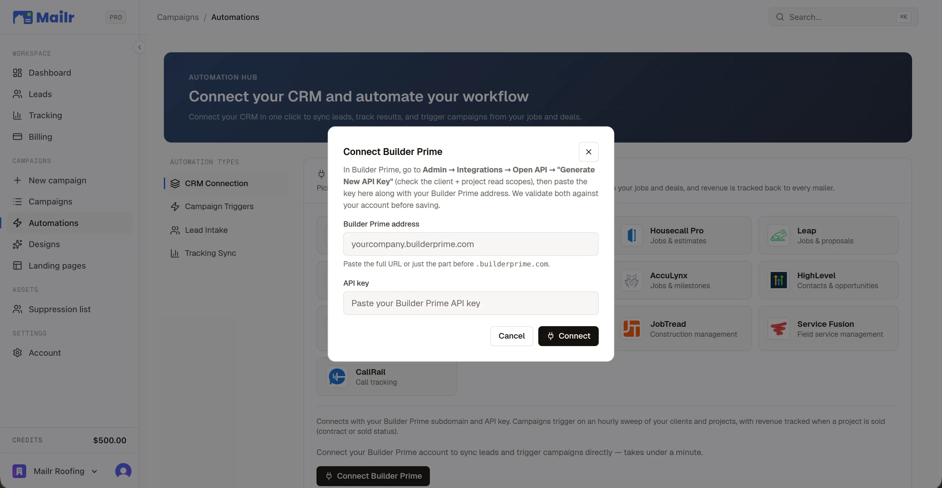 The Connect Builder Prime dialog in the Mailr app, opened from the Builder Prime tile on the connect hub