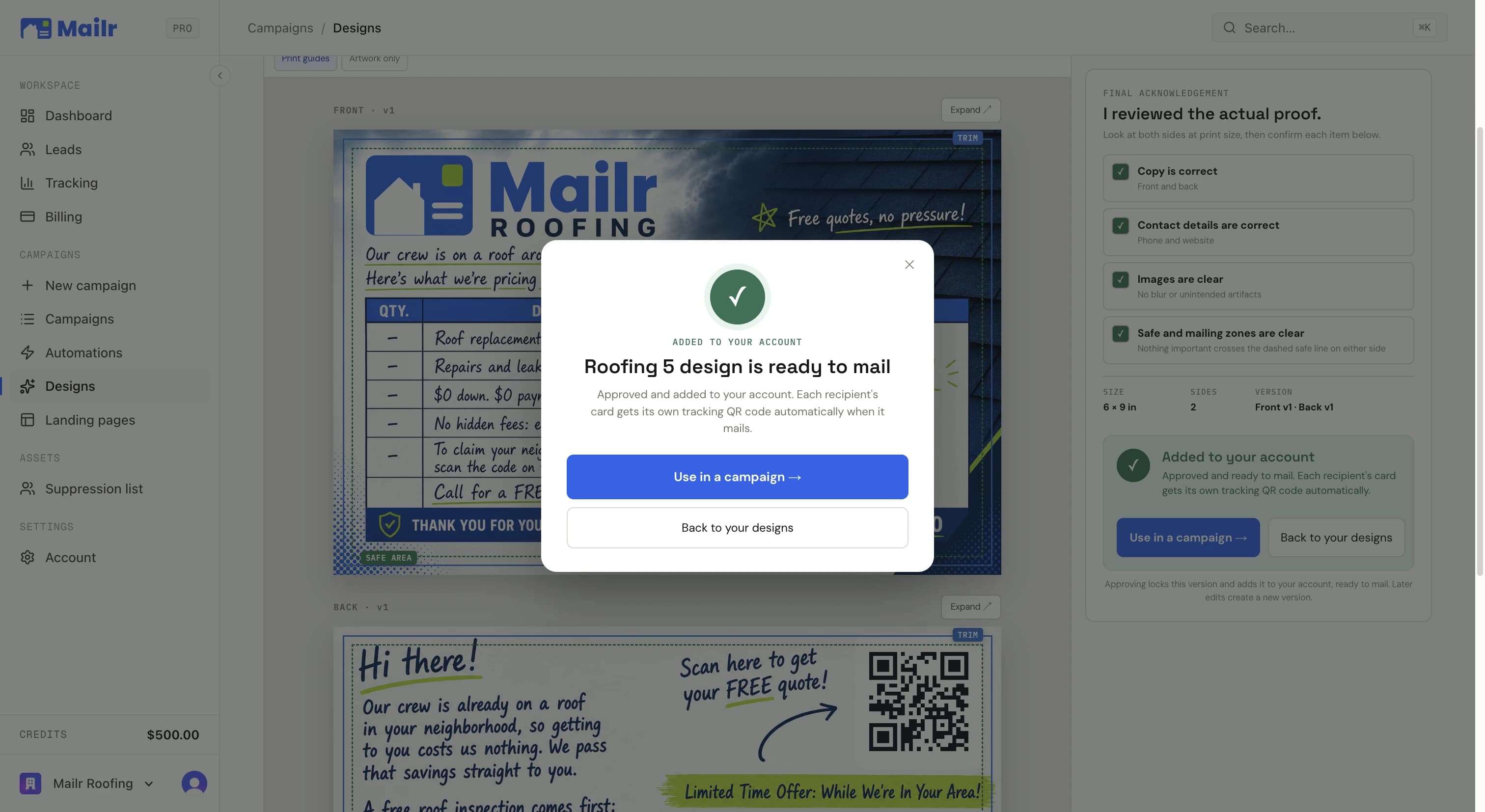 The design-is-ready-to-mail confirmation: Roofing 5 design is ready to mail, approved and added to your account, each recipient's card gets its own tracking QR code