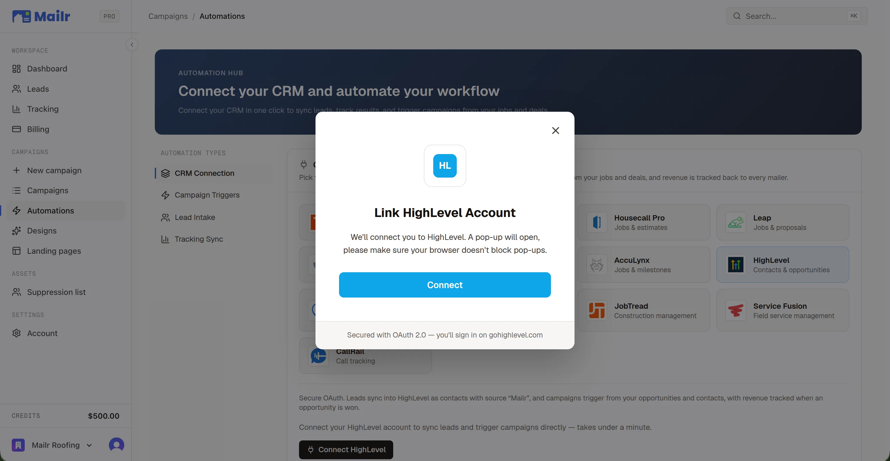 The Connect HighLevel dialog in the Mailr app, opened from the HighLevel tile on the connect hub