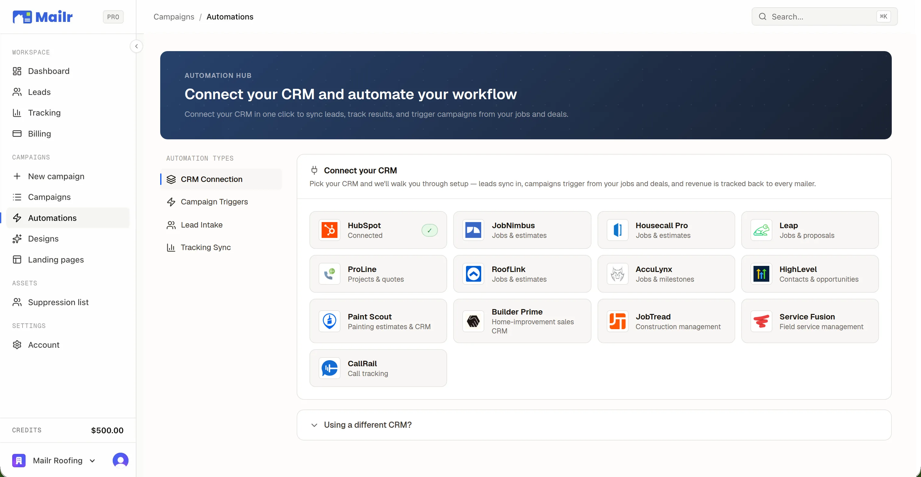 The CRM connection hub: twelve CRM tiles, HubSpot shown connected