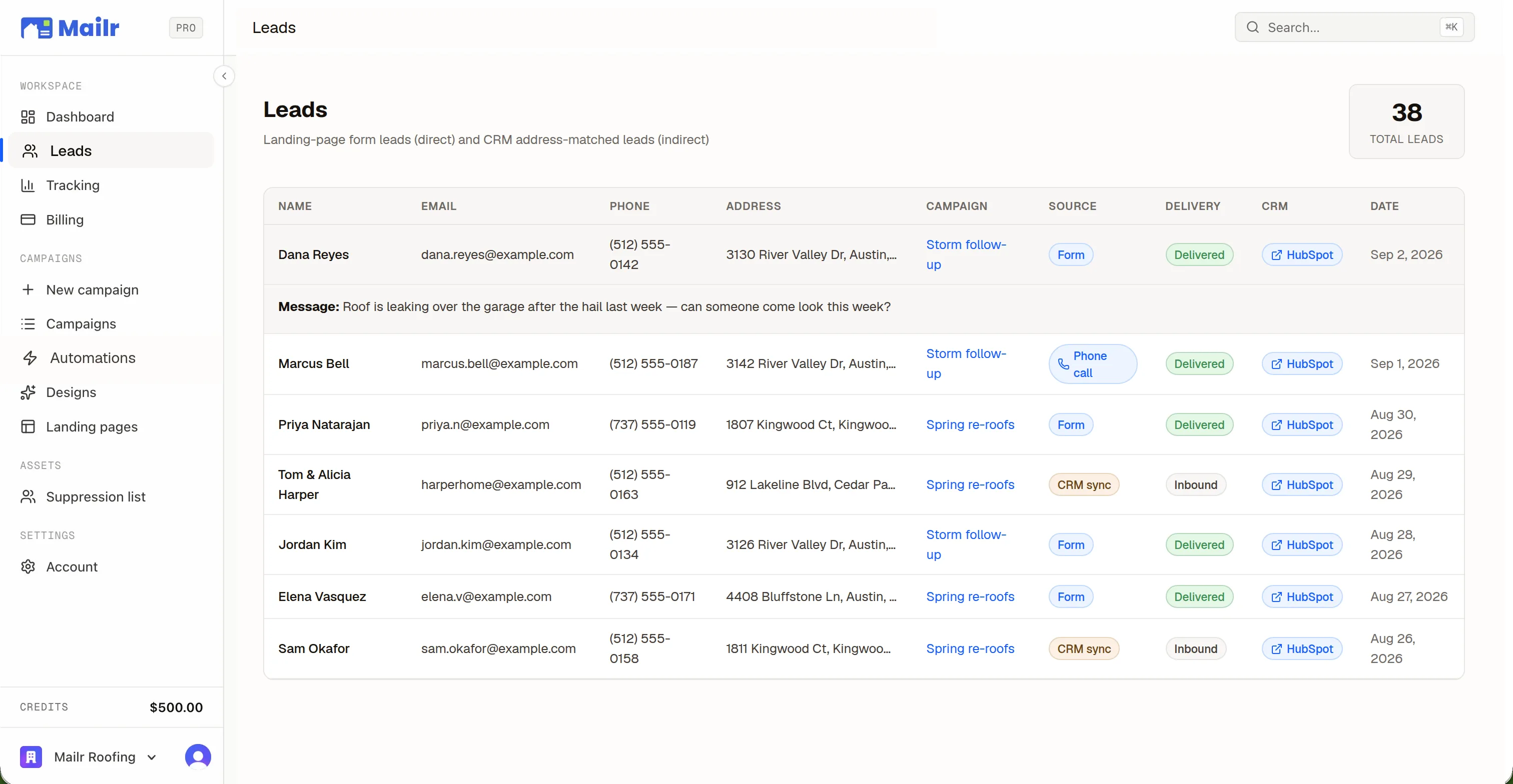 The Leads list: landing-page form leads and CRM address-matched leads, each with its campaign, source, delivery, and a View in CRM link
