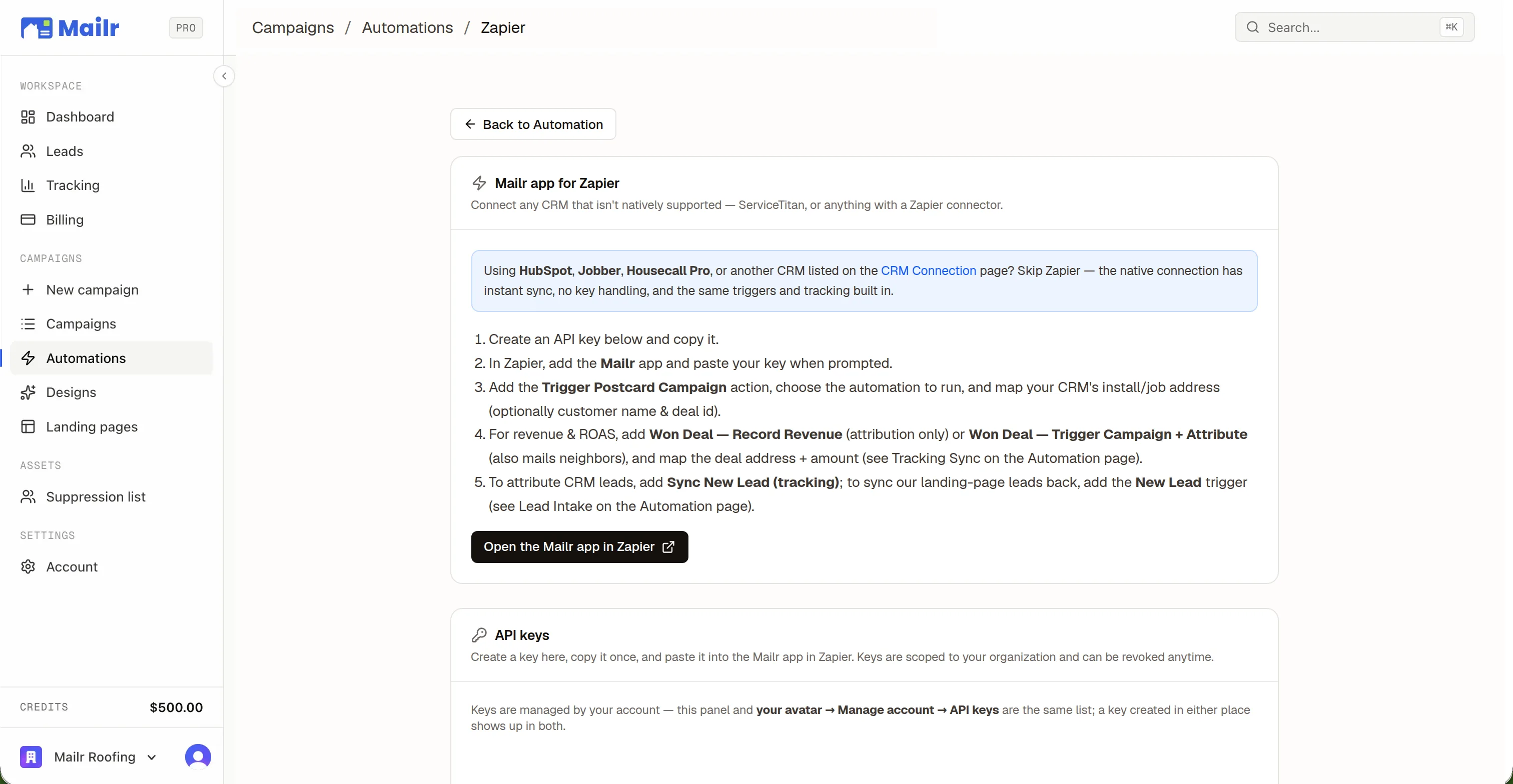 The Mailr app for Zapier setup page: five steps and the API keys panel