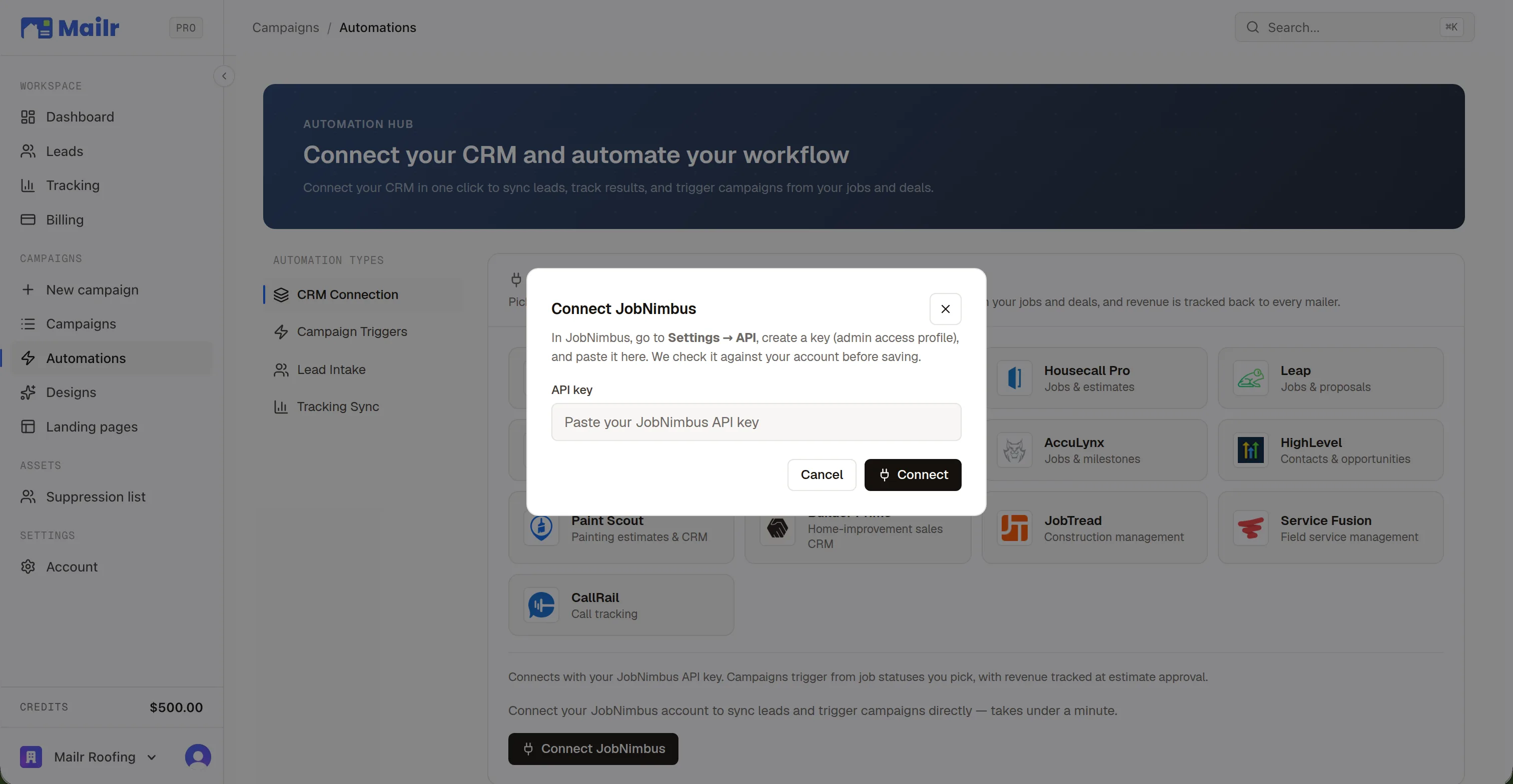 The Connect JobNimbus dialog in the Mailr app, opened from the JobNimbus tile on the connect hub