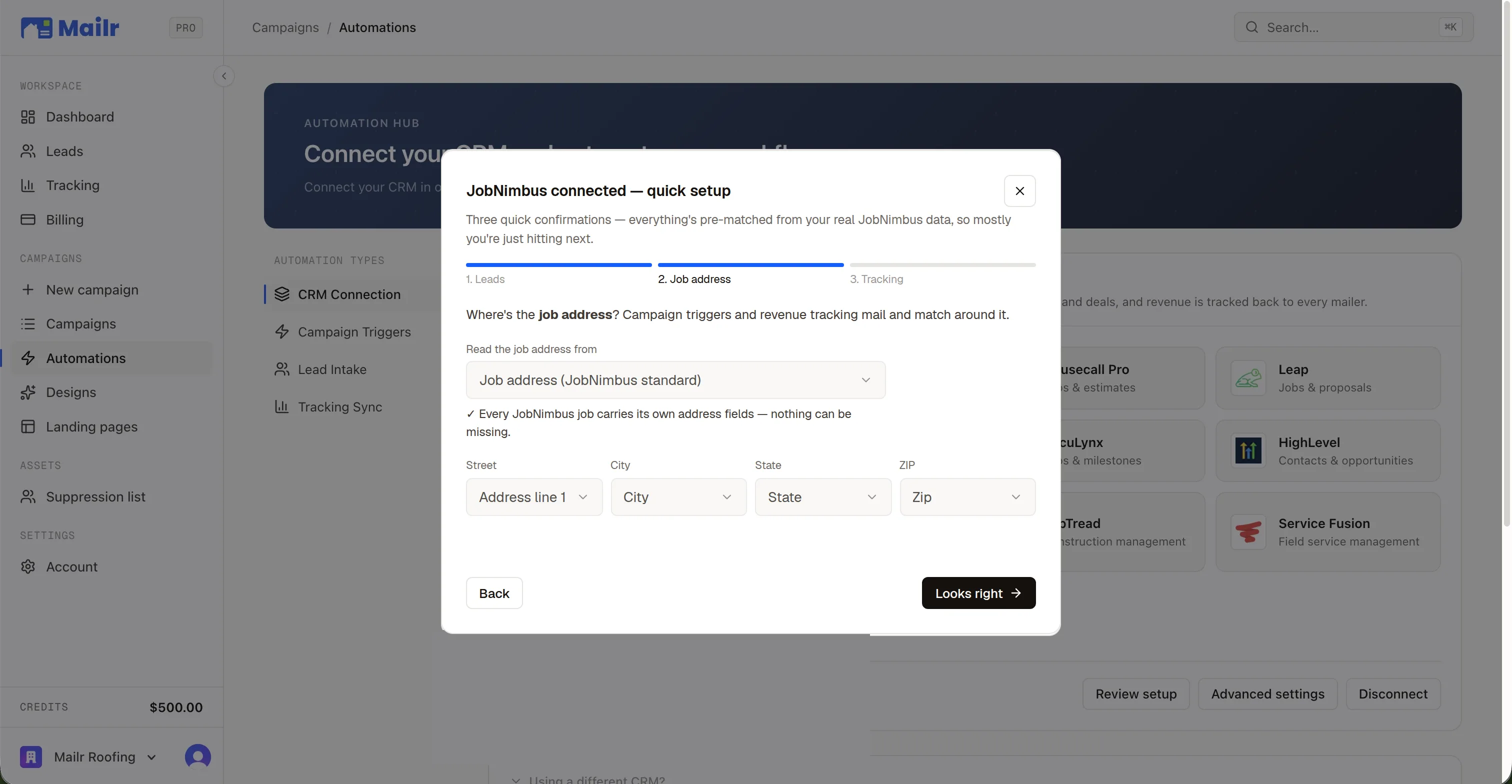 The JobNimbus quick-setup wizard, step 2 of 3: where the job address lives in JobNimbus, confirmed before anything runs