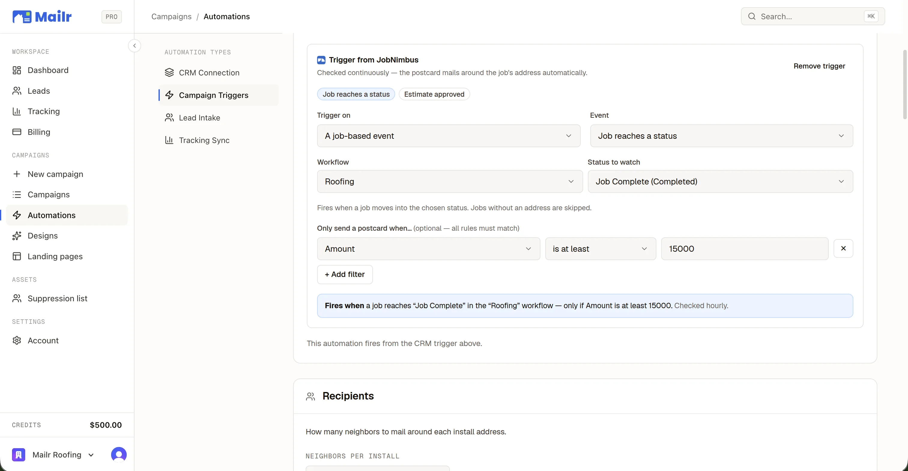 The automation editor's JobNimbus trigger card: preset chips, the event, an optional filter, and a plain-English recap of what fires