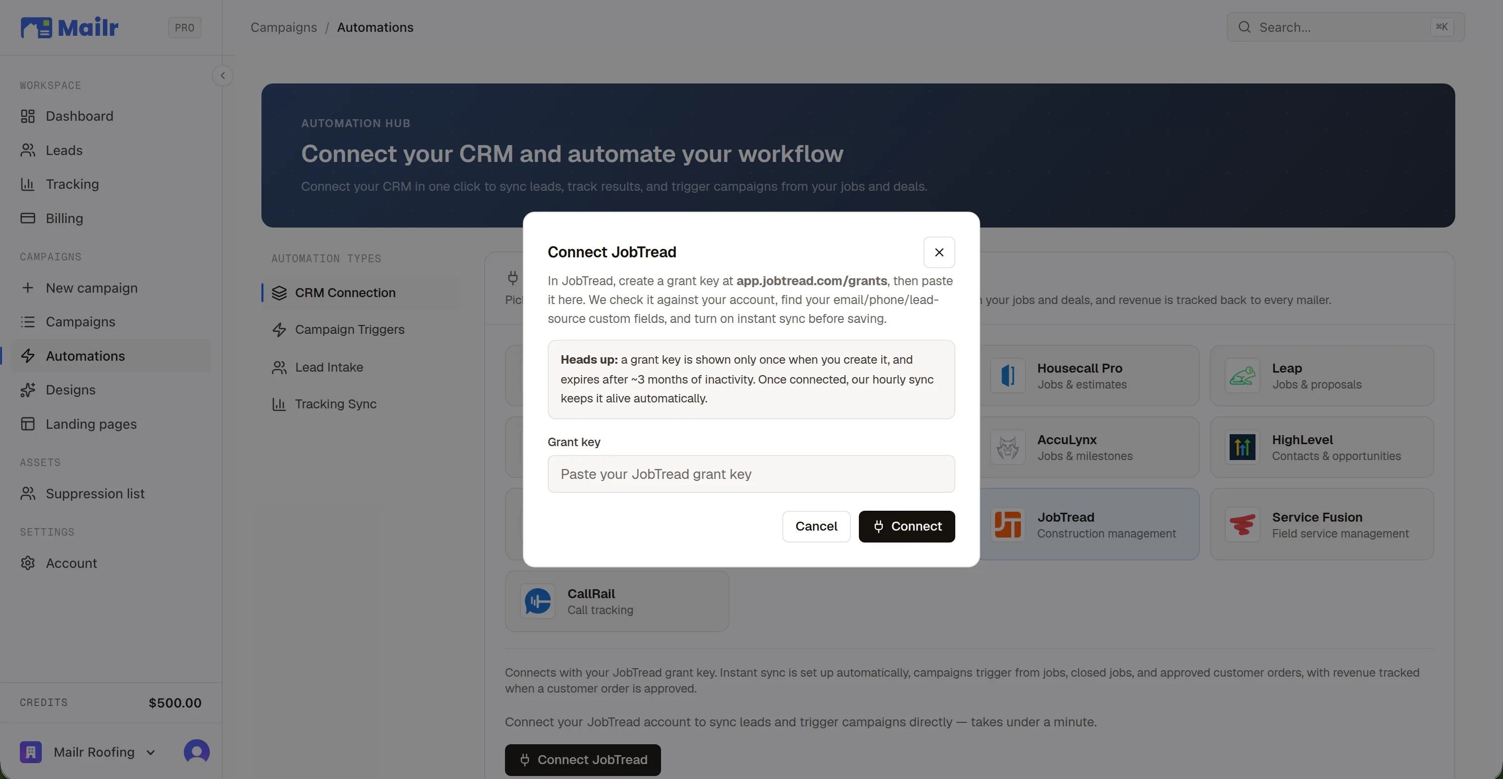 The Connect JobTread dialog in the Mailr app, opened from the JobTread tile on the connect hub