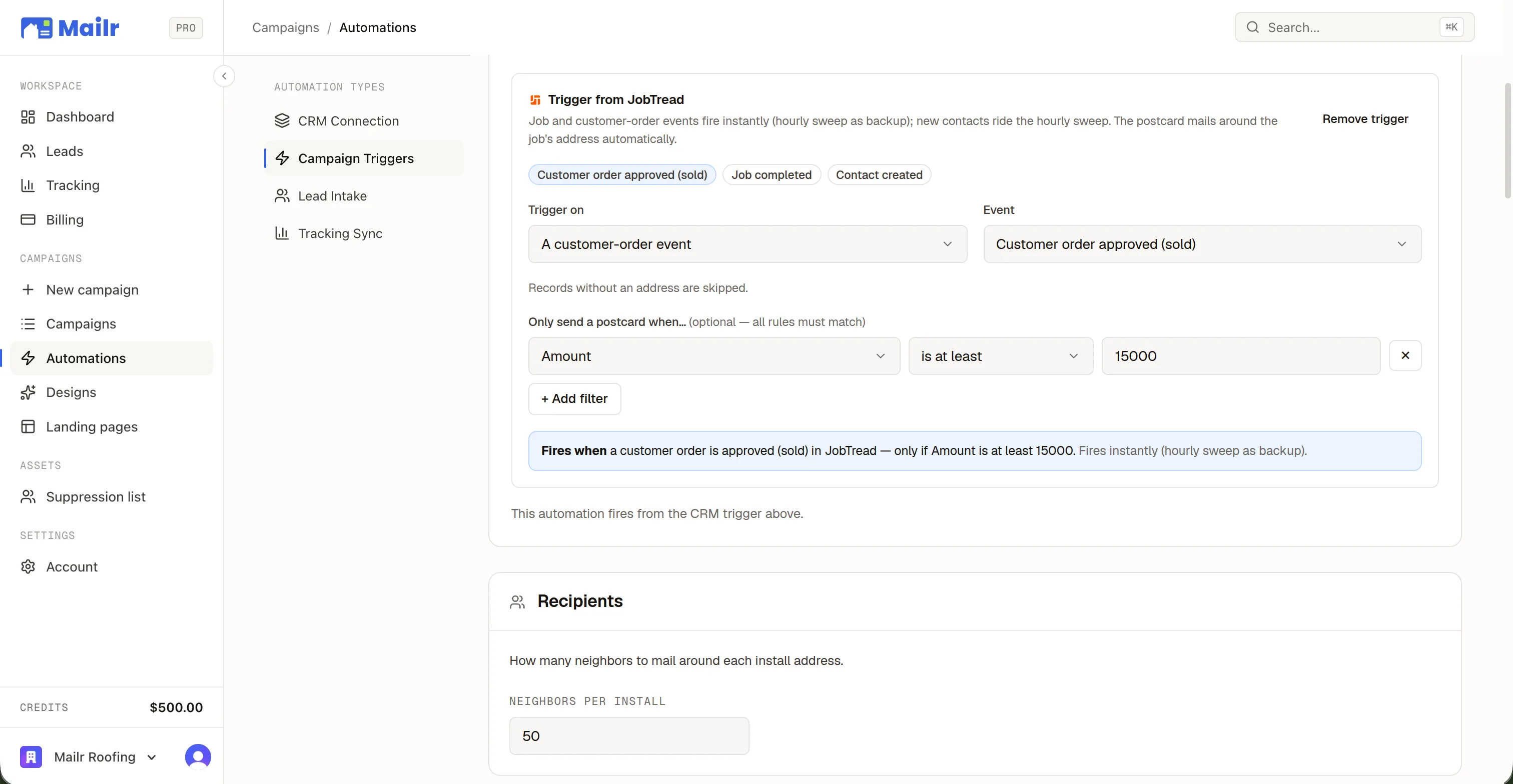 The automation editor's JobTread trigger card: preset chips, the event, an optional filter, and a plain-English recap of what fires