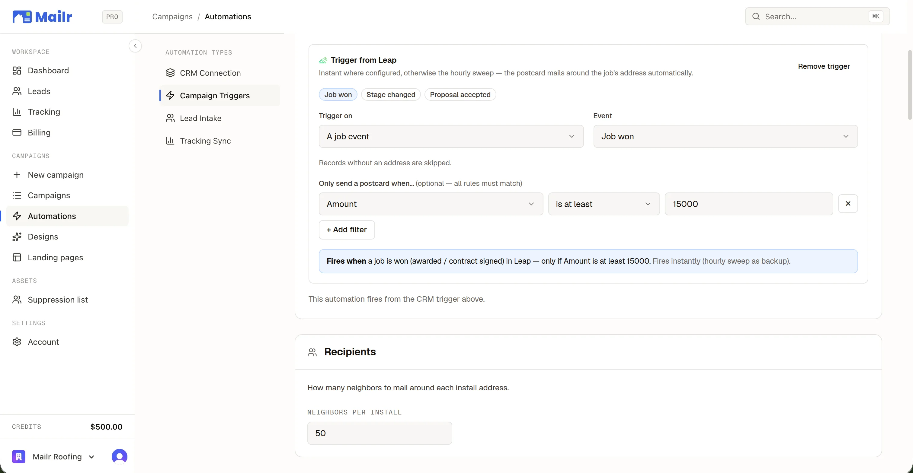 The automation editor's Leap trigger card: preset chips, the event, an optional filter, and a plain-English recap of what fires