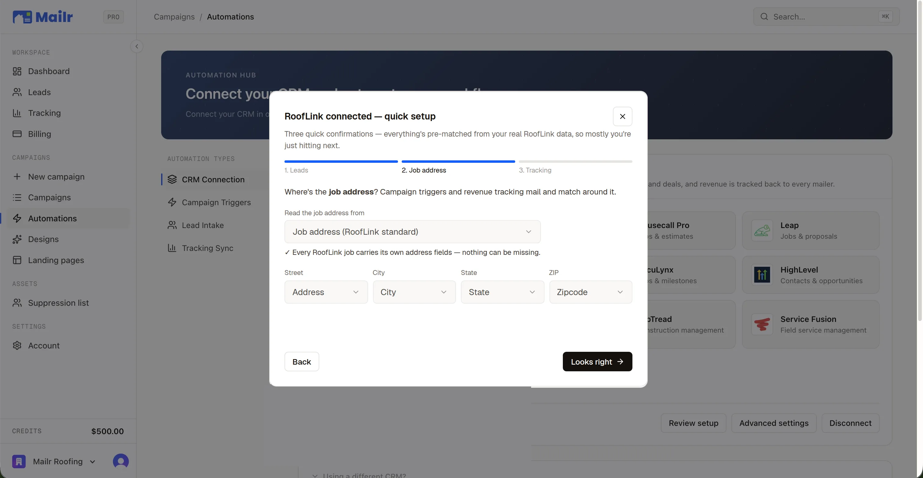 The RoofLink quick-setup wizard, step 2 of 3: where the job address lives in RoofLink, confirmed before anything runs