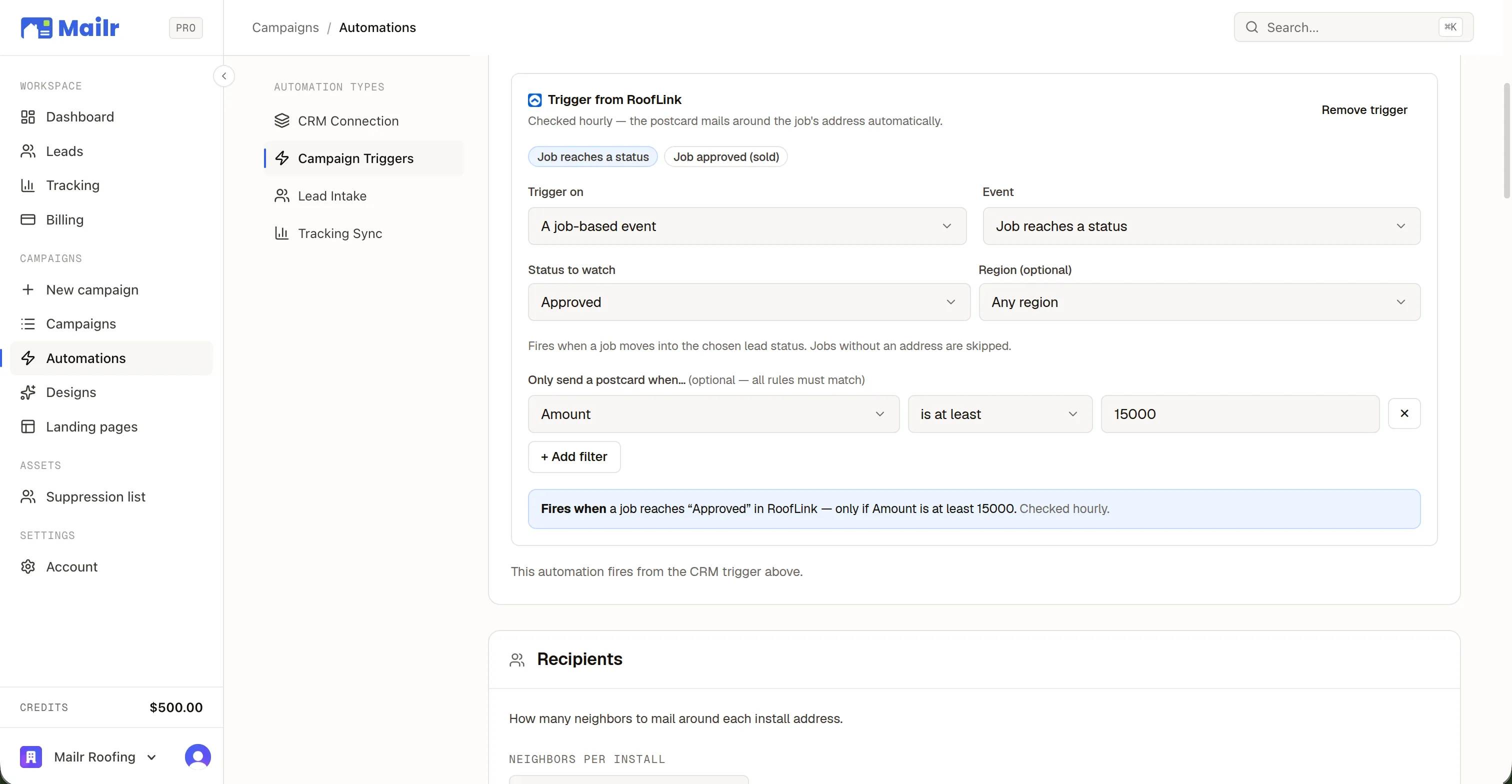 The automation editor's RoofLink trigger card: preset chips, the event, an optional filter, and a plain-English recap of what fires