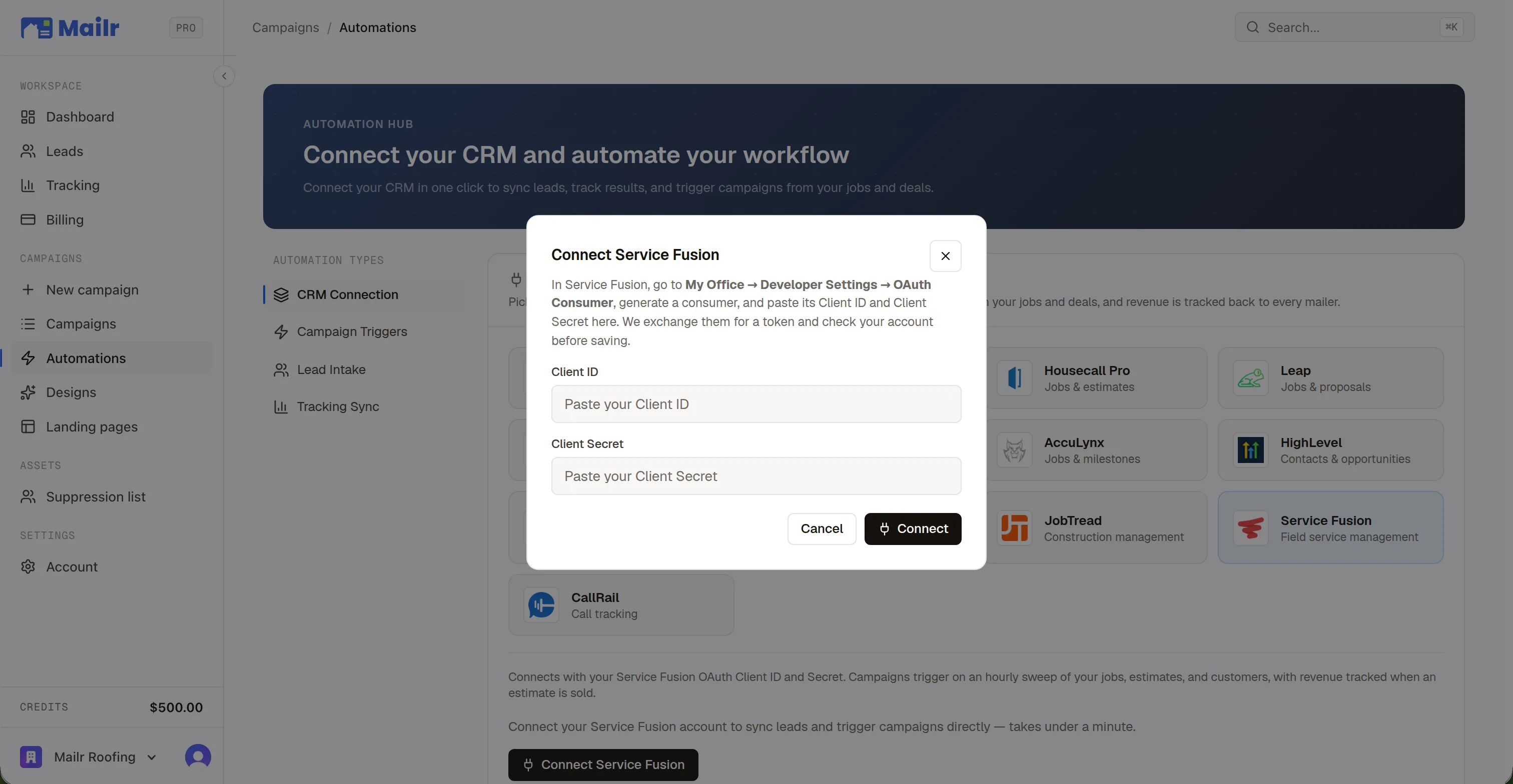 The Connect Service Fusion dialog in the Mailr app, opened from the Service Fusion tile on the connect hub