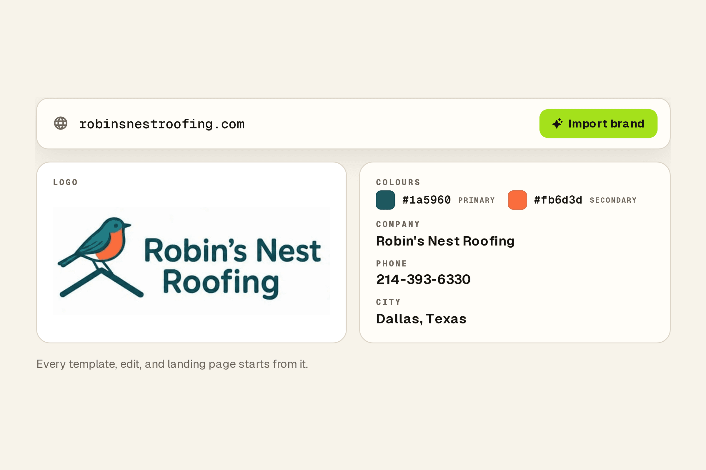 A brand kit as imported from a website URL: the Robin's Nest Roofing logo, its two colours, company name, phone, and city