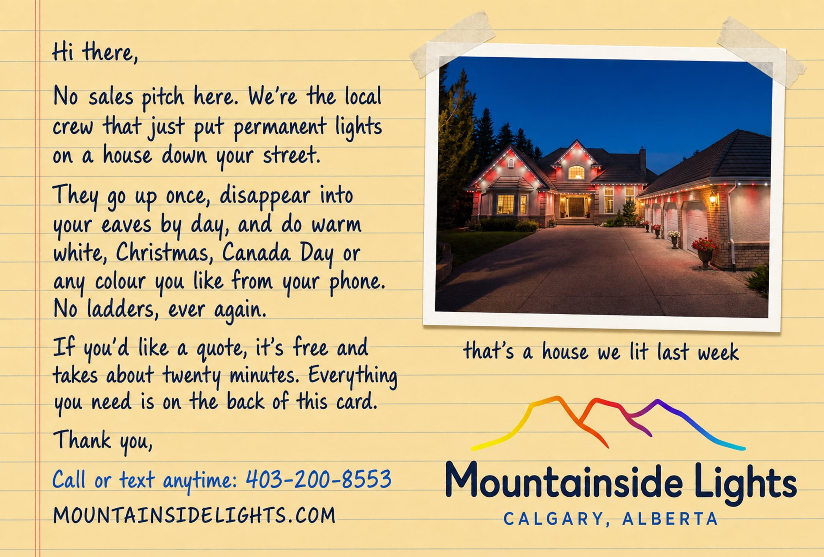 A Mountainside Lights front in the handwritten-note template, with a taped photo of a home lit in red and white