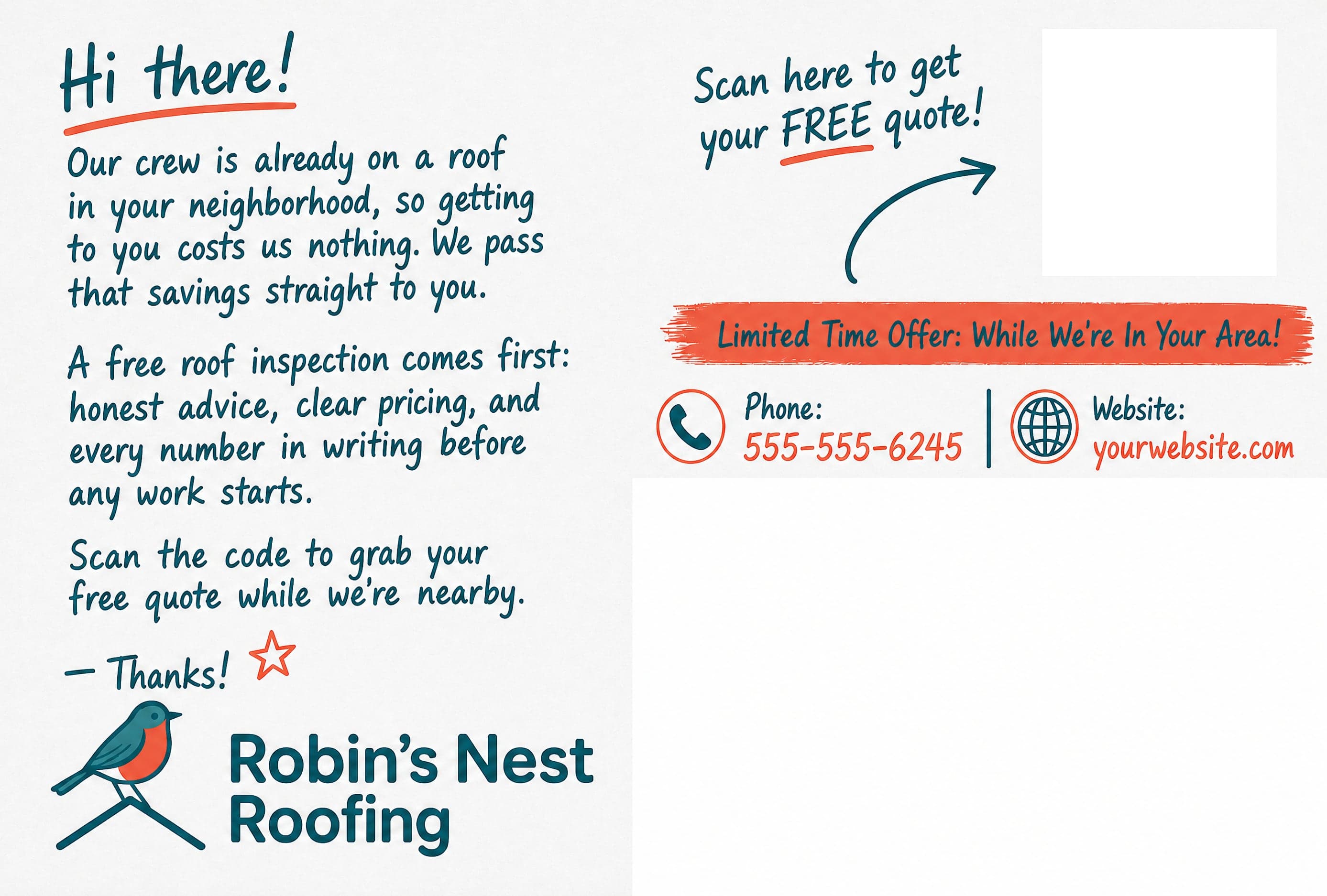 The back of the same card: a handwritten note from the crew, a scan-for-your-free-quote QR, and the blank address panel