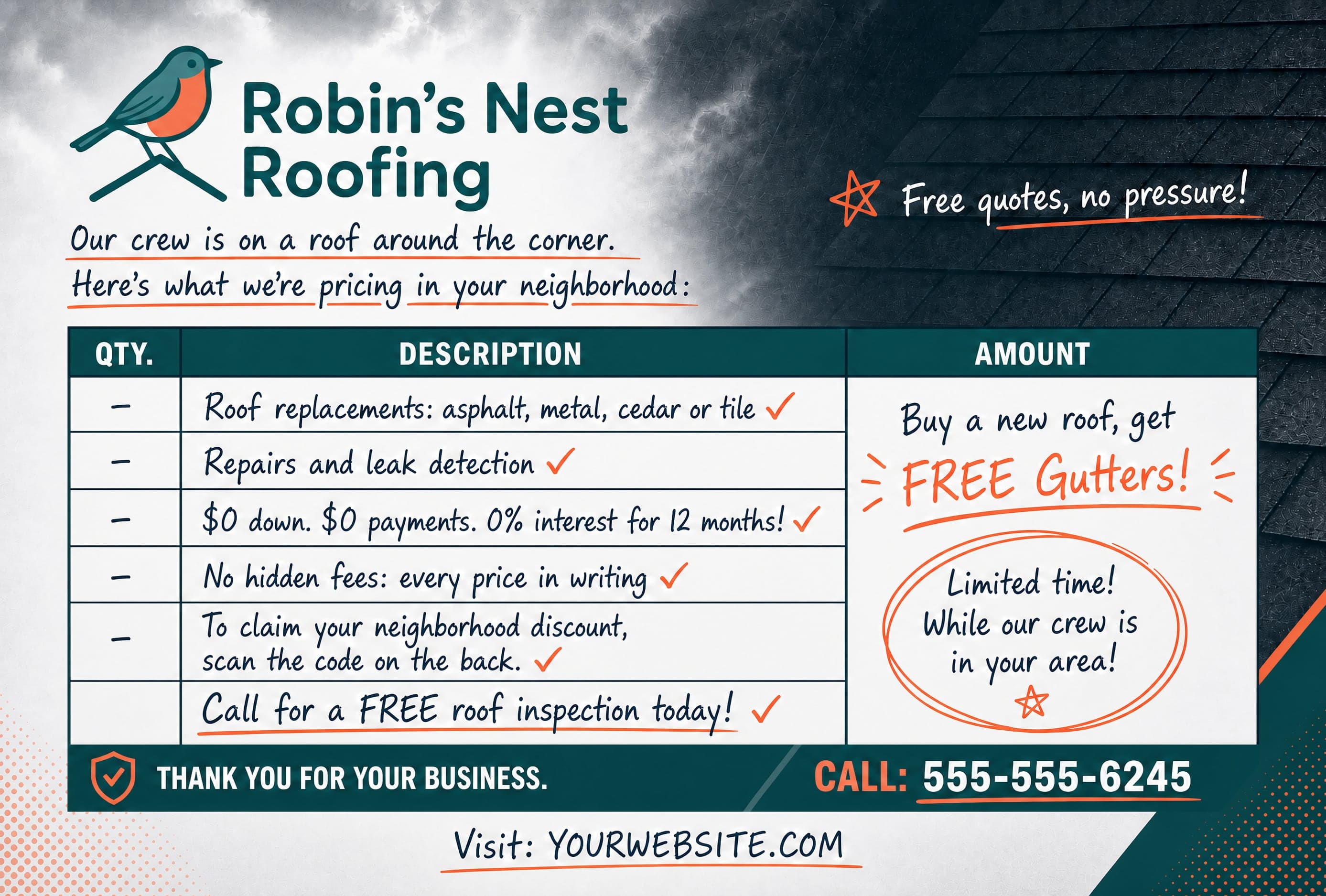 The Robin's Nest Roofing estimate front: a line-item roof estimate with a free-gutters offer, a phone number, and a website