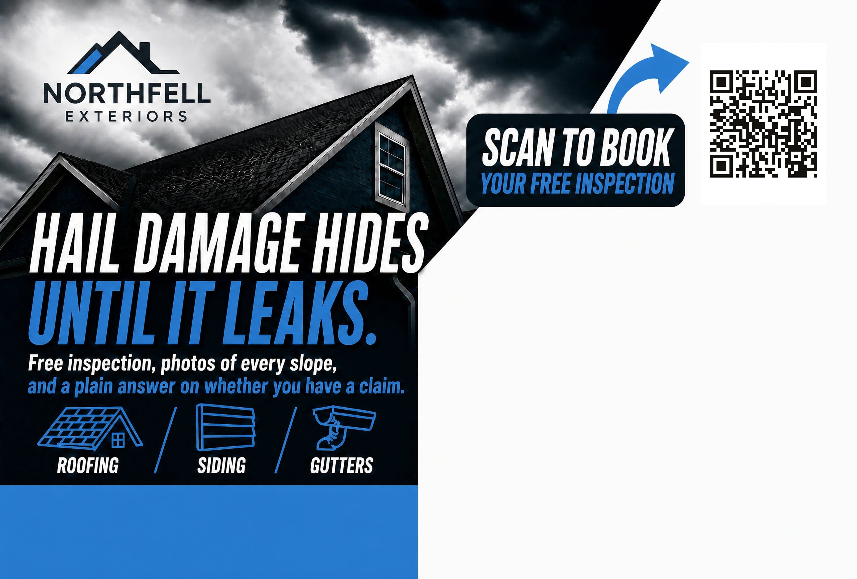 The back of the Hail alert template: a scan-to-book-your-free-inspection QR, the services, and the address corner left blank