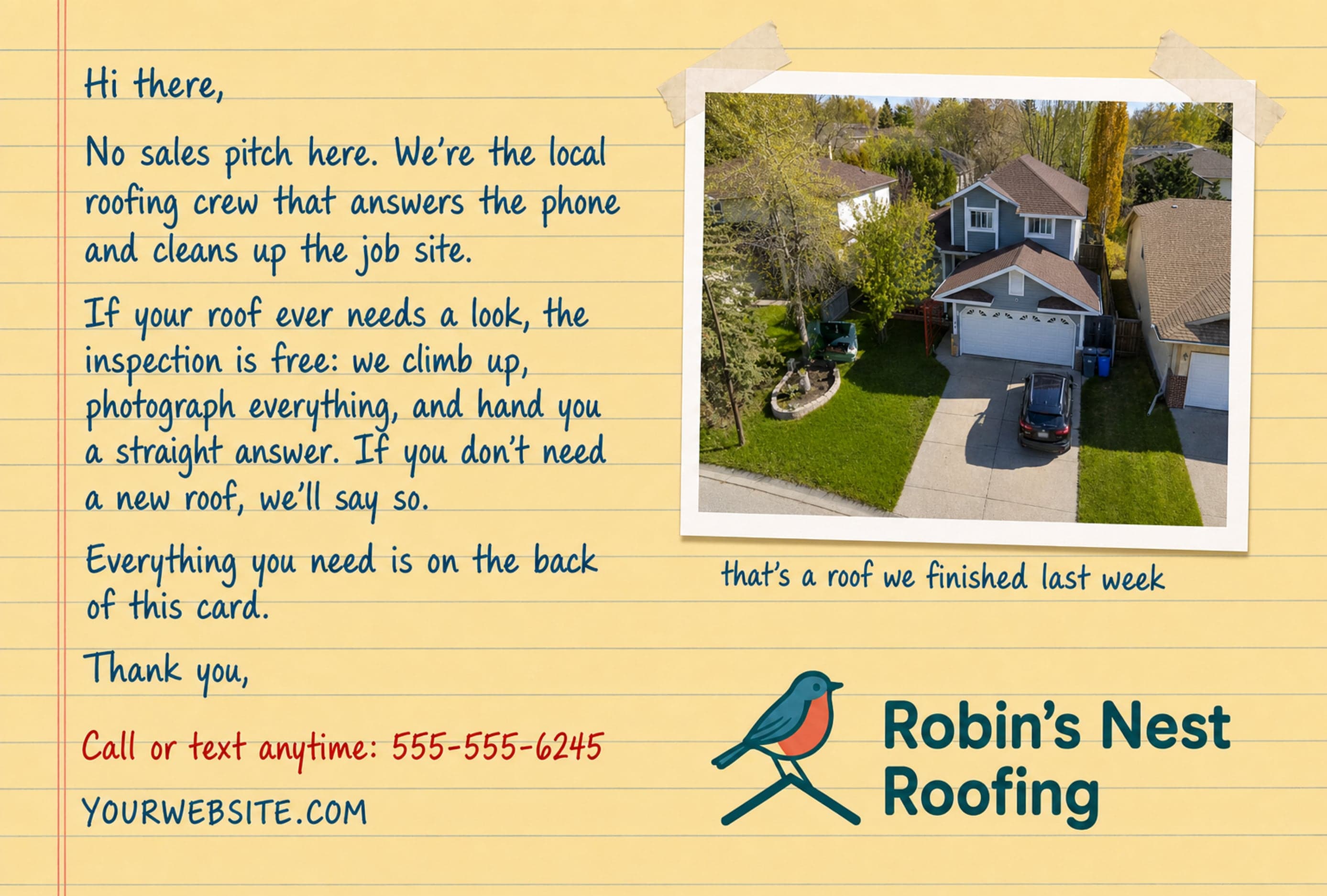 A Robin's Nest Roofing front in the handwritten-note template, with a taped photo of a home from above with a new roof