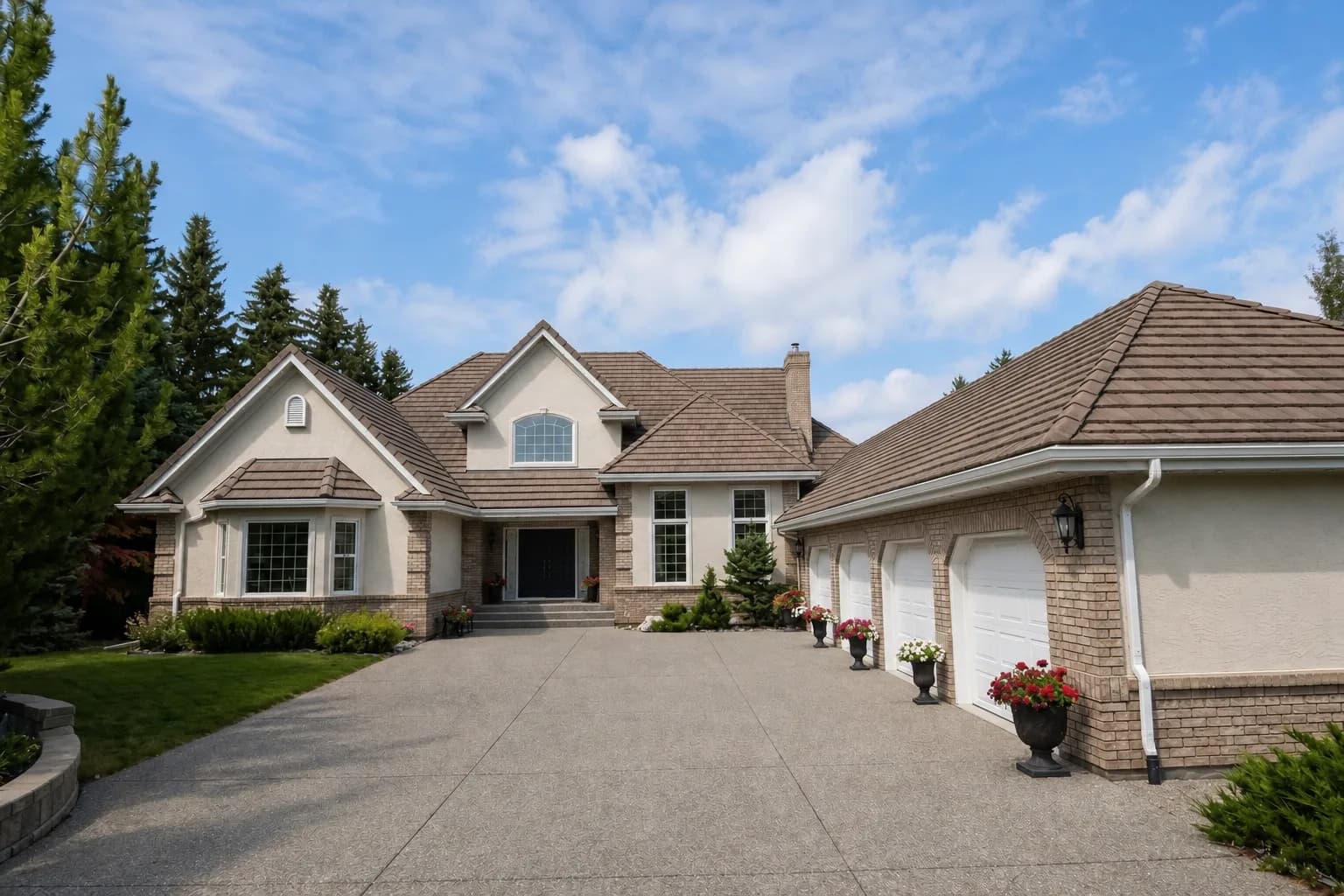 A large stucco-and-brick home with a three-car garage and a long driveway on an afternoon