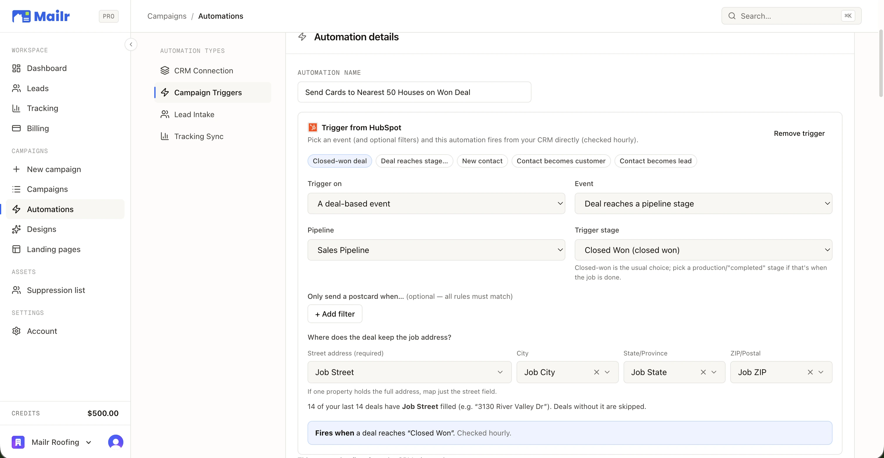 A live automation named Send Cards to Nearest 50 Houses on Won Deal: triggered from HubSpot when a deal reaches Closed Won, with the job address mapped from the deal's own fields