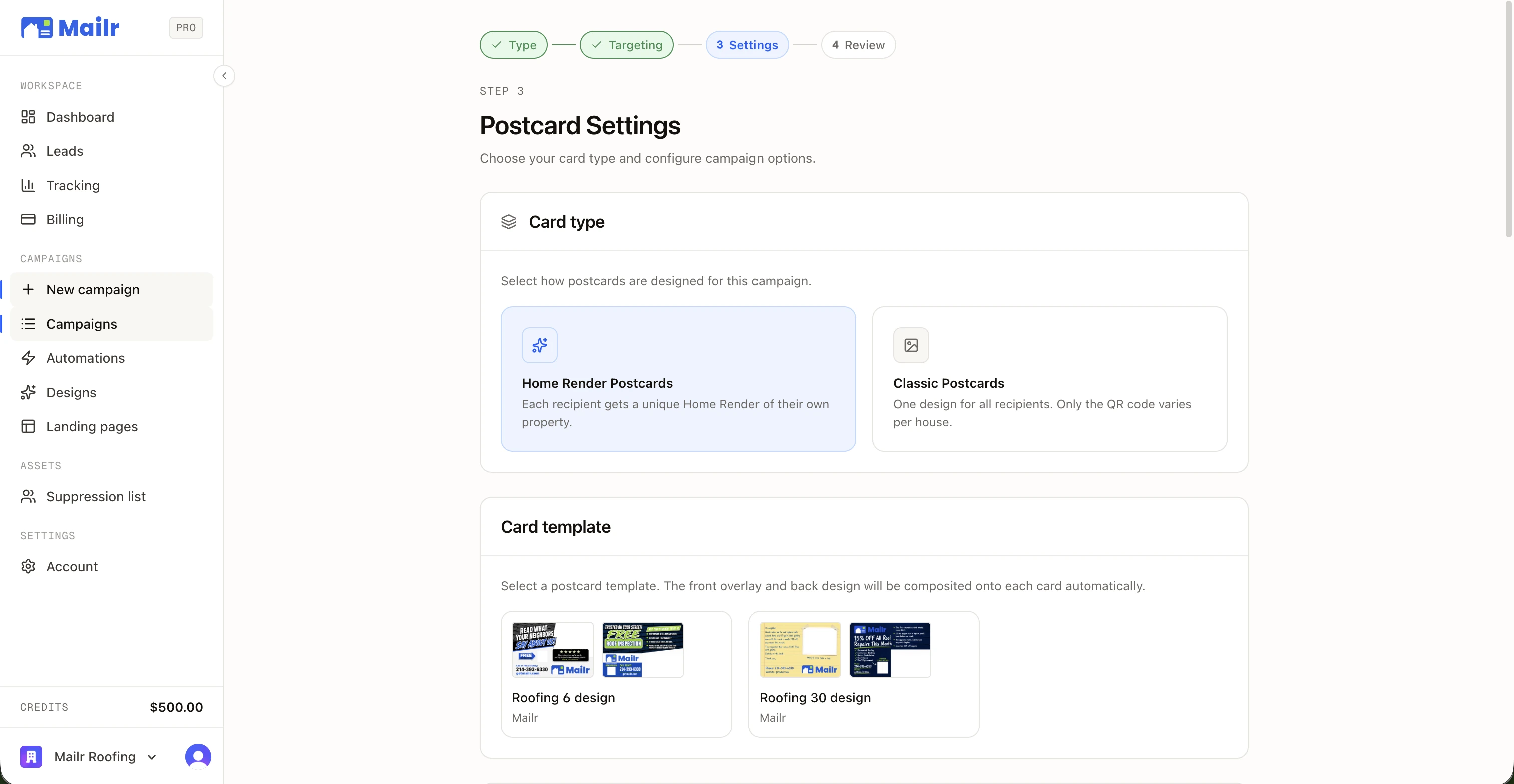 The Postcard Settings step: Home Render Postcards or Classic Postcards as a two-tile choice, with the card template picked below