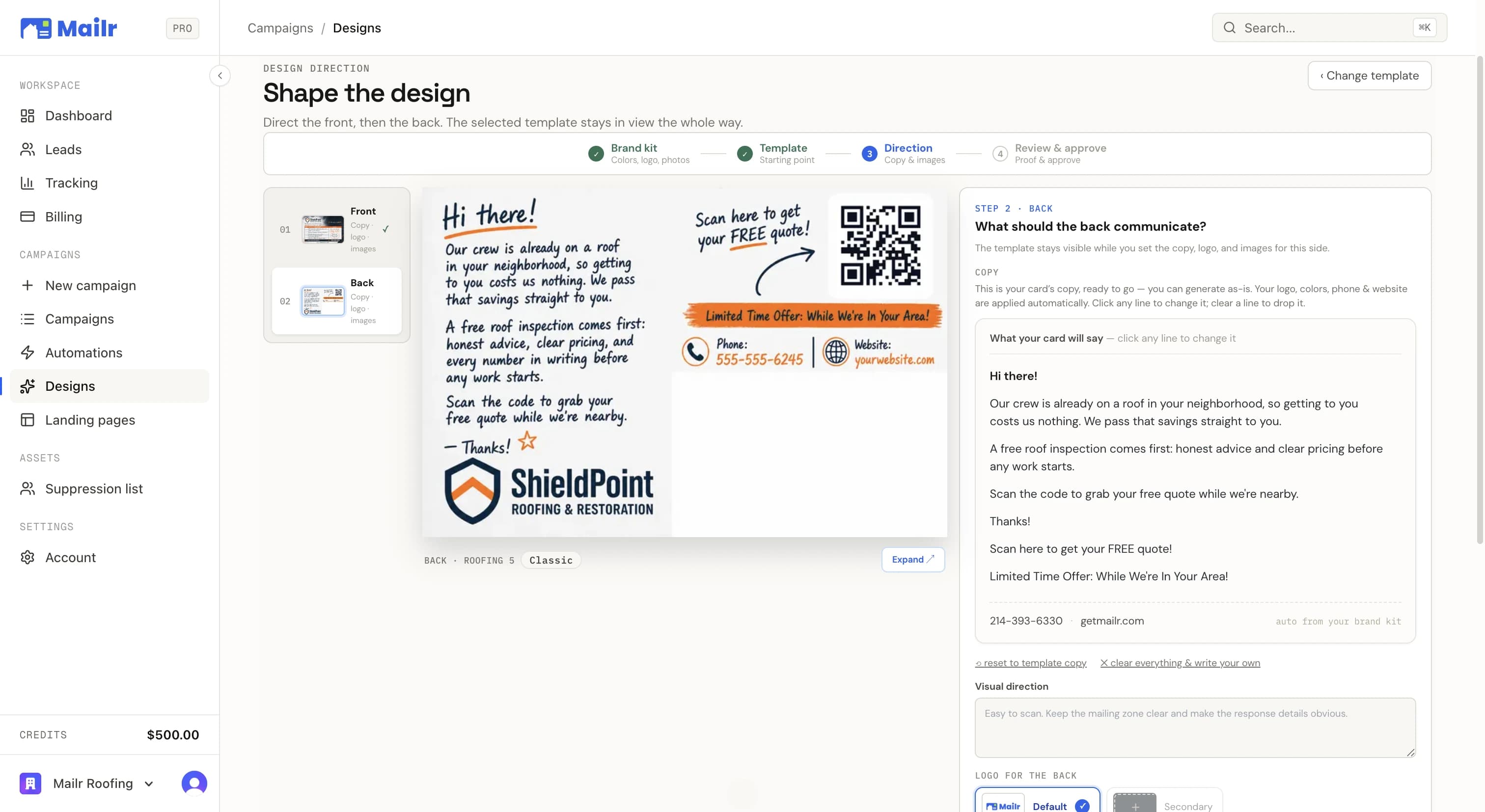 The Shape the design step: the card's back copy open for line-by-line editing beside the live template