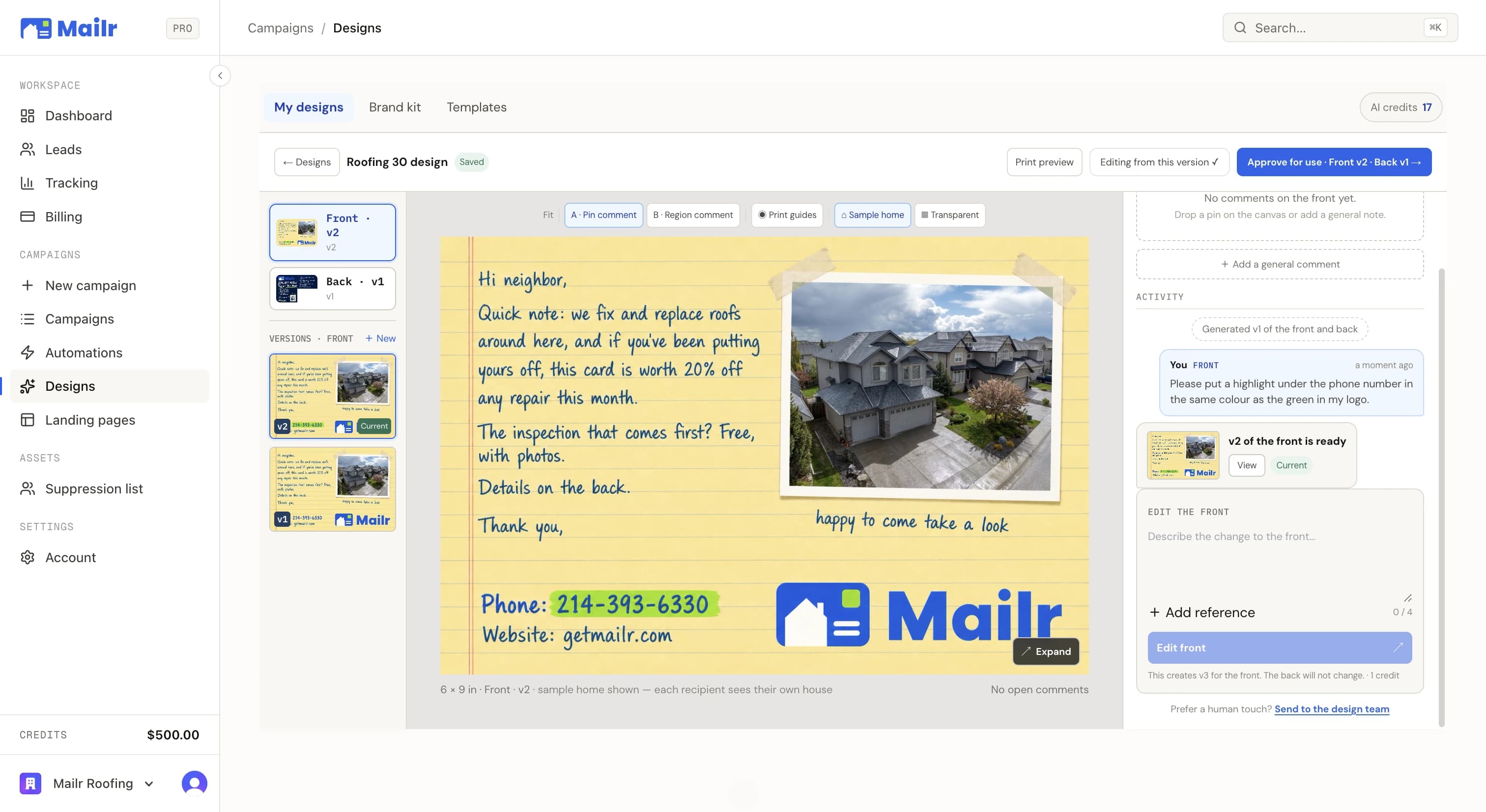 The design studio mid-edit: a handwritten-style roofing card on the canvas, version history on the left, and an AI edit — highlight the phone number — already applied as v2