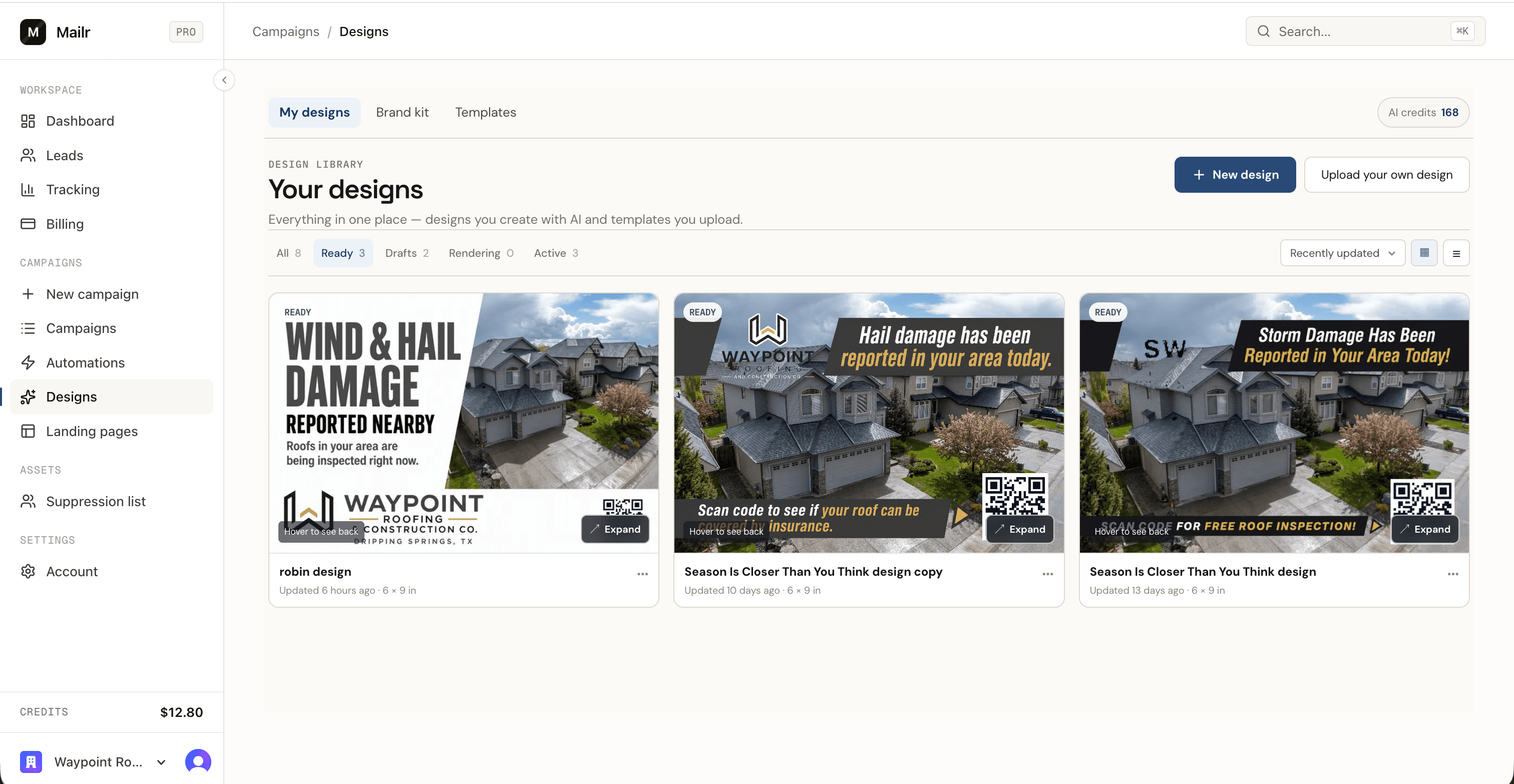 The design library: every design in one grid, filtered by ready, drafts, rendering, and active