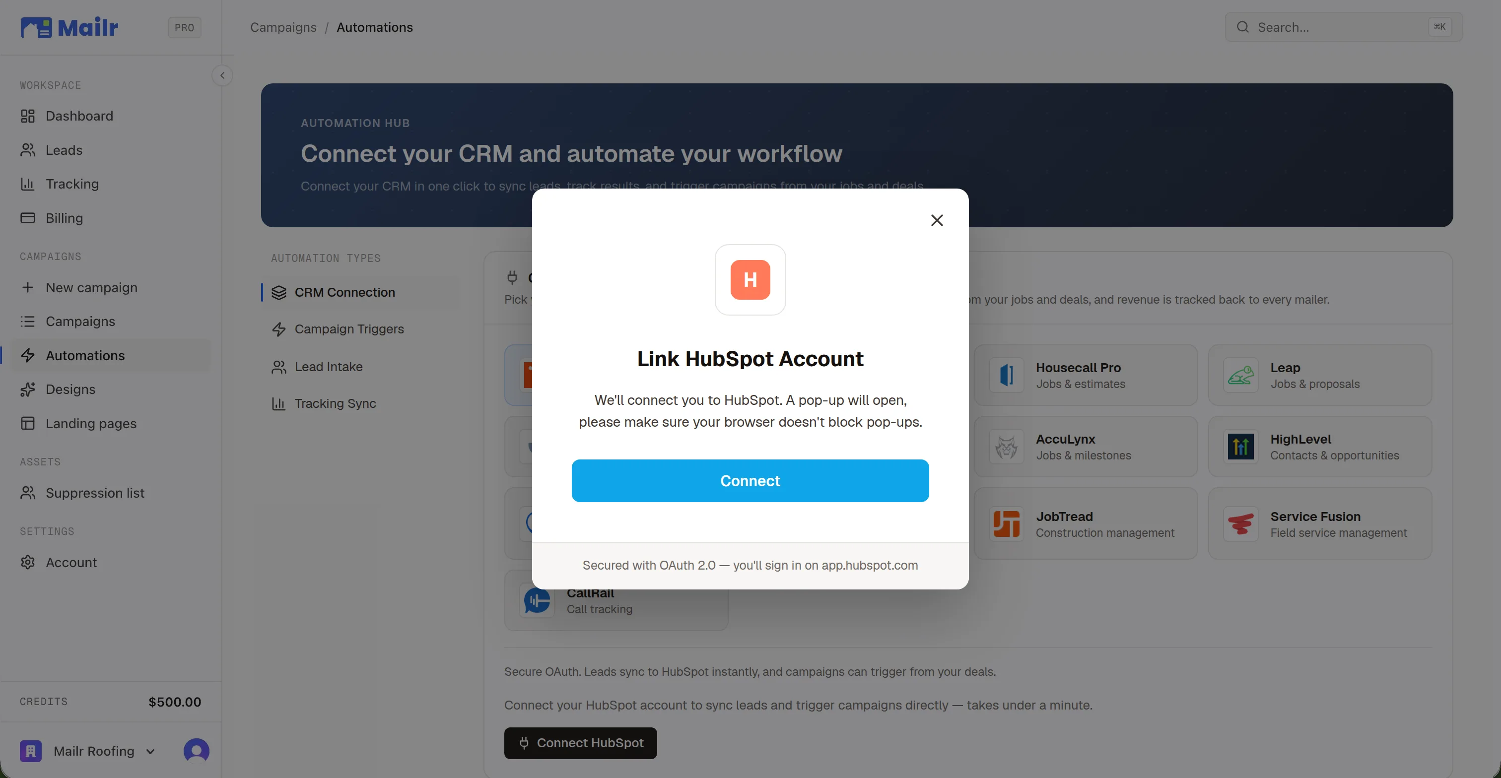 The Connect HubSpot dialog in the Mailr app, opened from the HubSpot tile on the connect hub