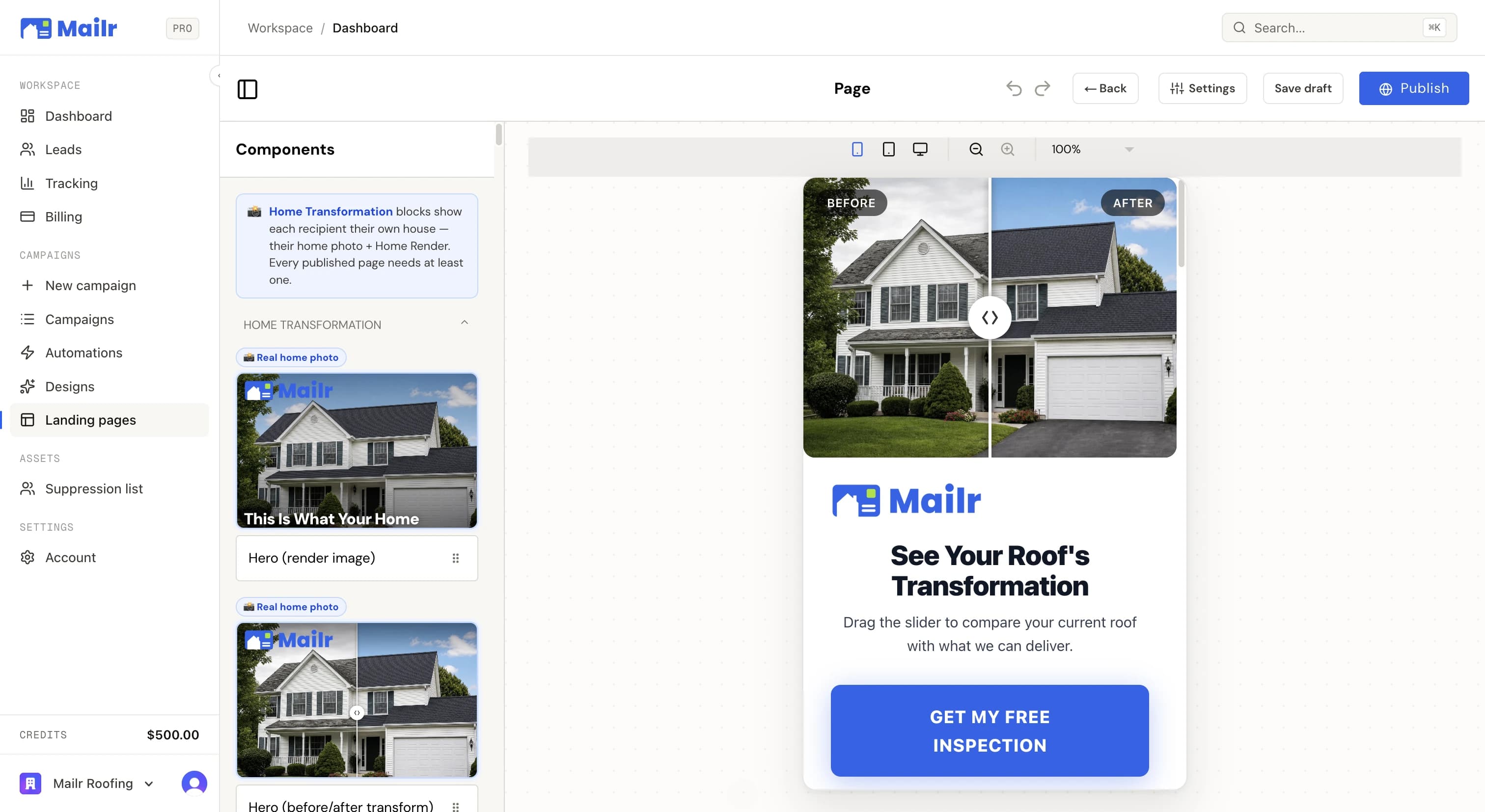 The landing-page studio: home-transformation blocks on the left, and a phone preview showing the recipient's own roof in a before/after slider above a free-inspection button