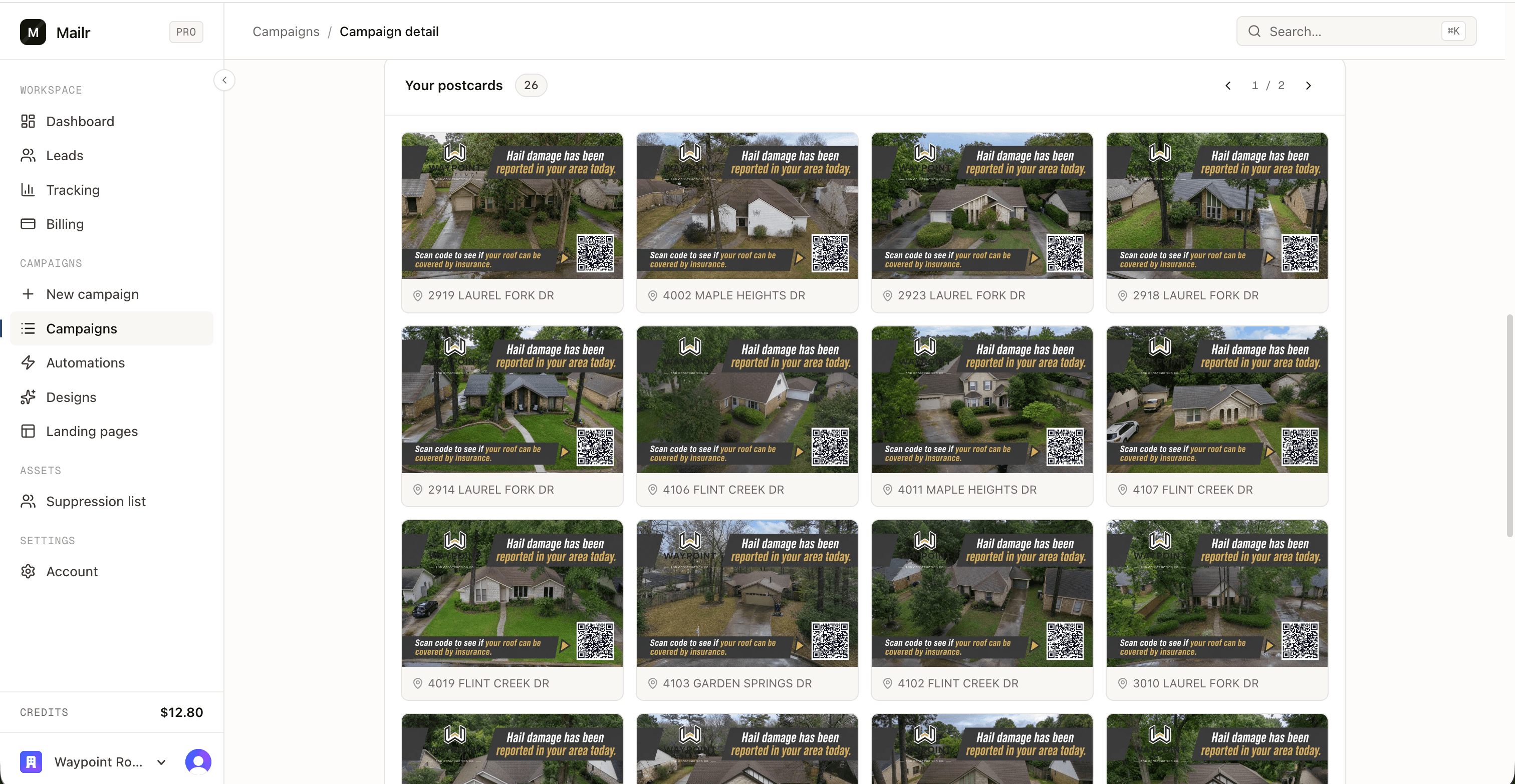 A campaign's postcards in Mailr: fifty cards, each showing a different recipient's home