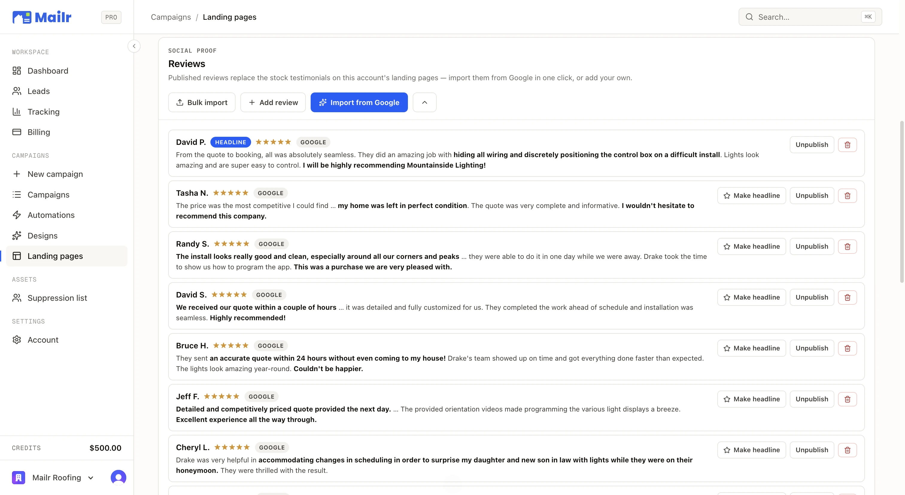 The reviews manager: five-star Google reviews imported in one click, with one promoted to the headline slot