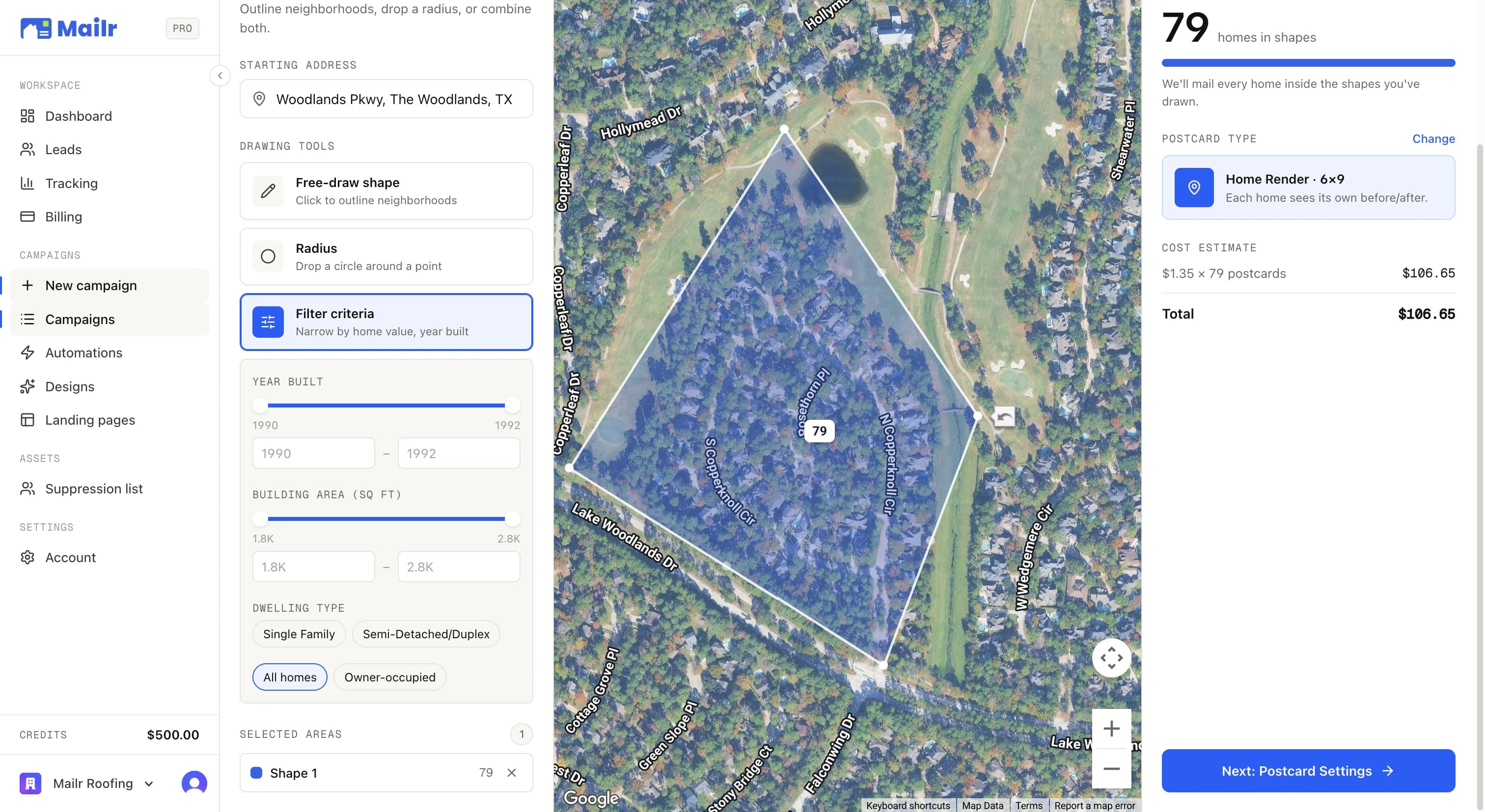 The filter criteria panel open beside a drawn shape: year built 1990–1992, building area 1.8k–2.8k sq ft, and dwelling type narrowing the shape to 79 homes