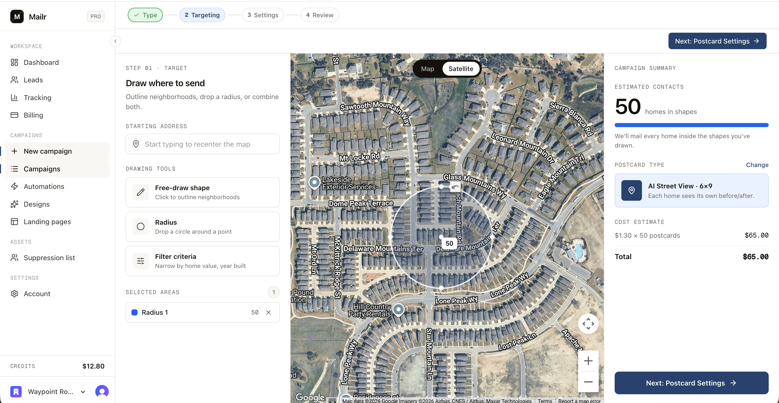Mailr's campaign builder: a radius drawn on the map with homeowner filters applied