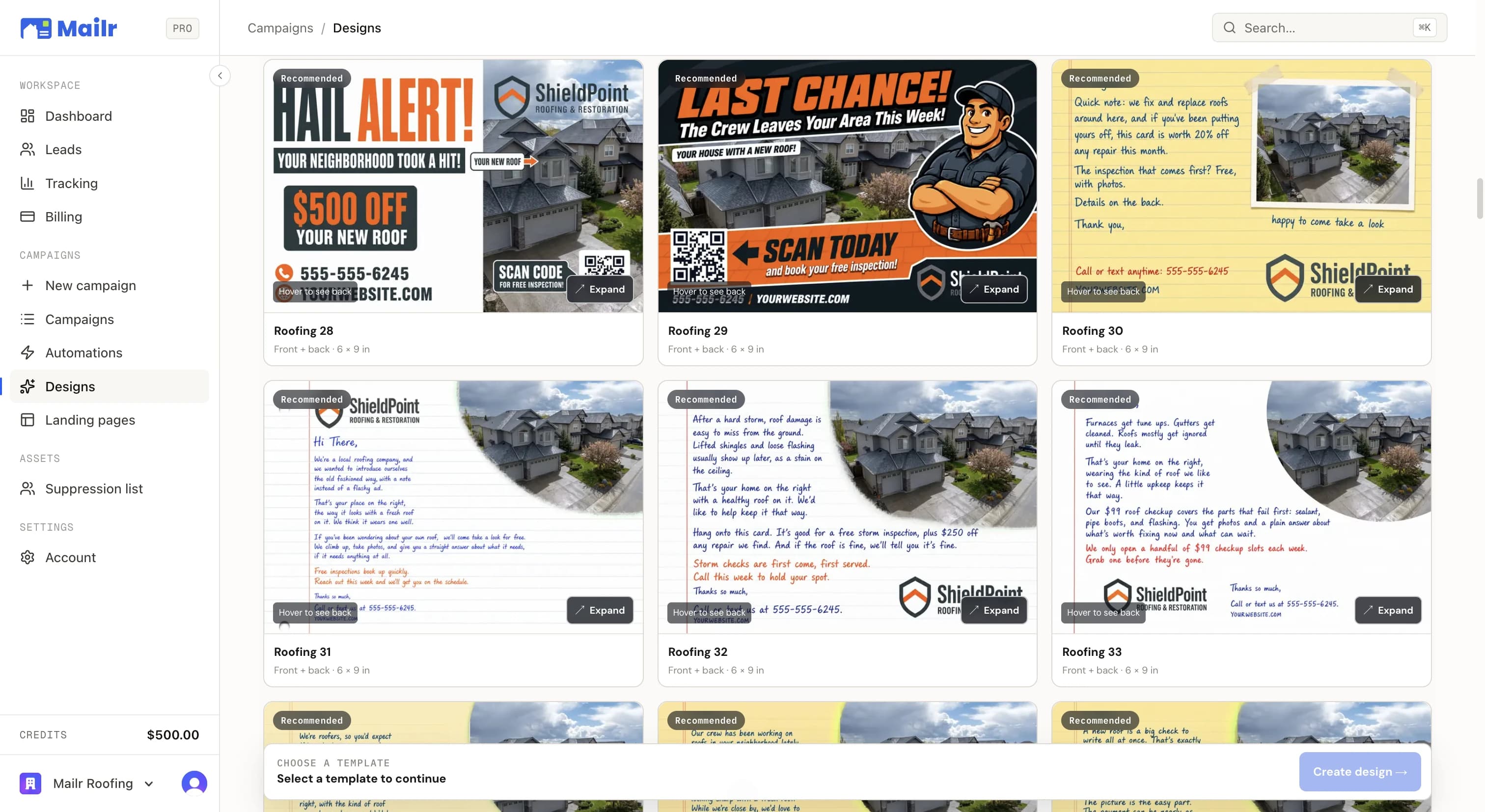 The template gallery: a wall of ready roofing fronts and backs, each one front + back at 6 by 9 inches