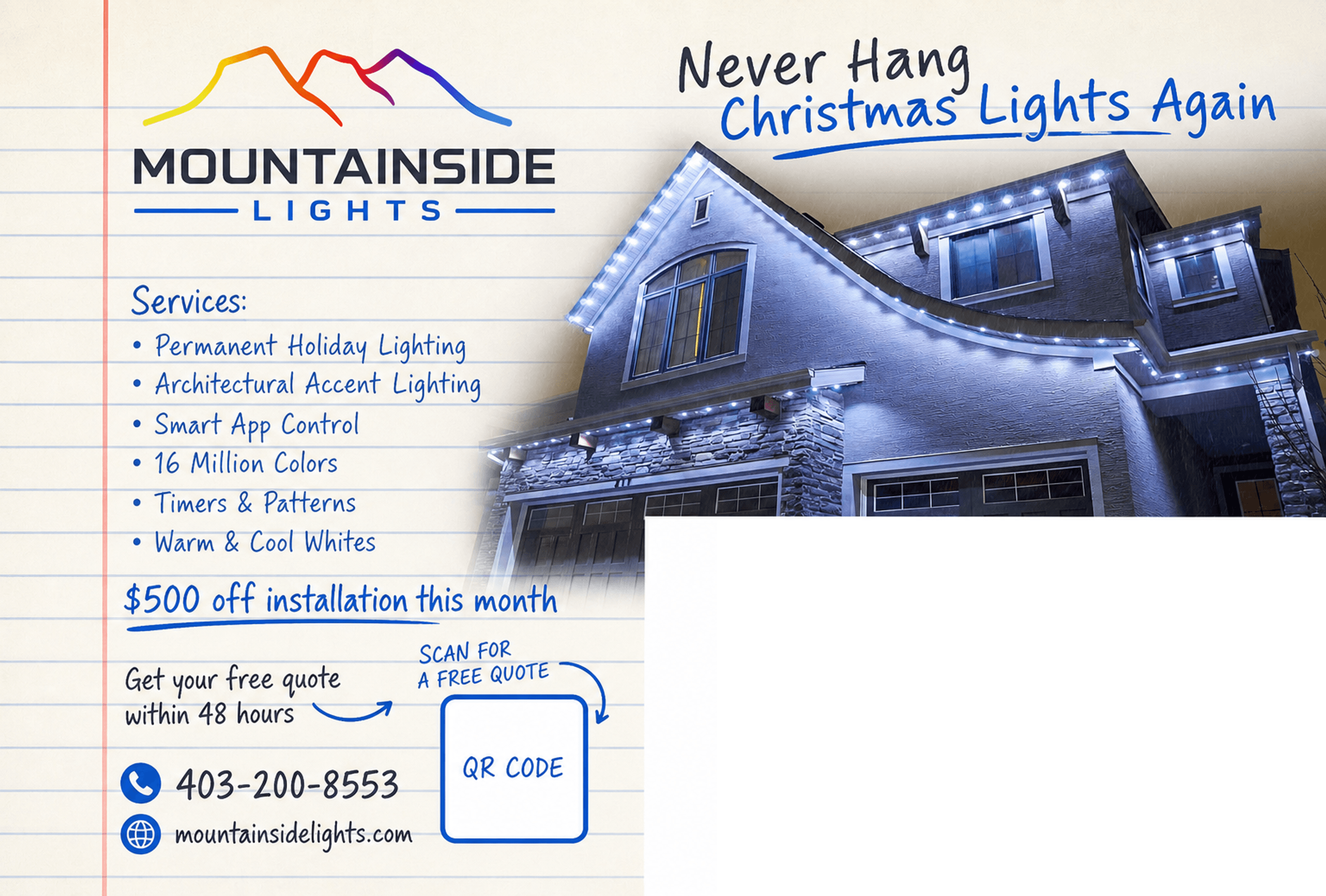 A services-list front with a free-quote QR for permanent lighting