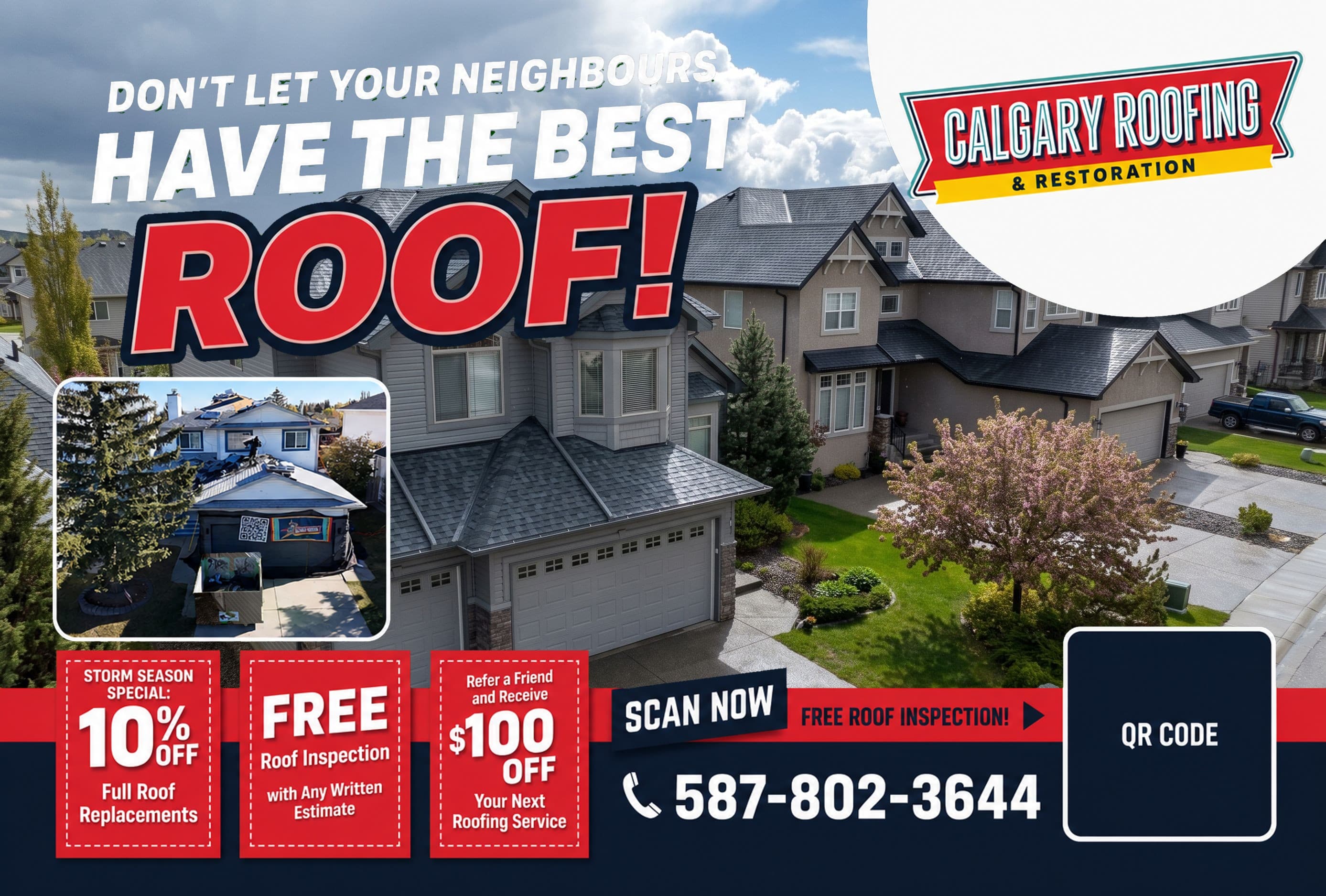 A bold offer-led front with storm-season specials and a scan-now QR